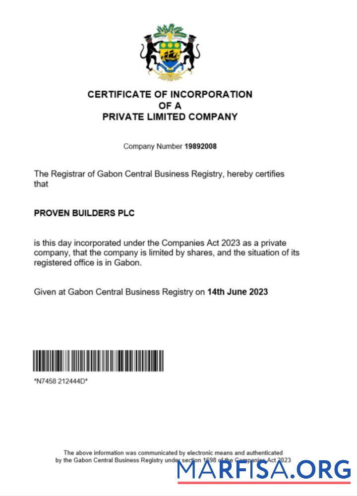Blank Gabon certificate of registration Word and PDF template
